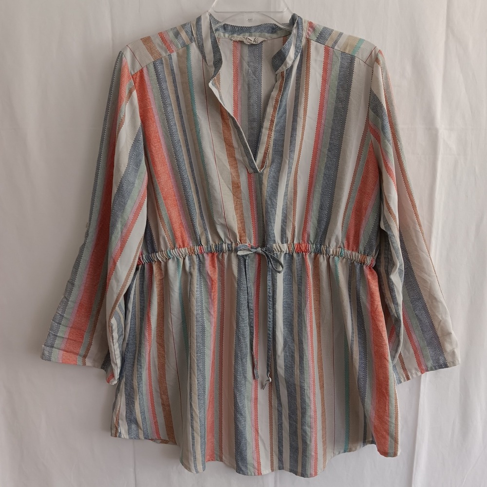 Blush Tunic Top Womens XL Multi Color Striped Drawstring Elastic Waist Blouse